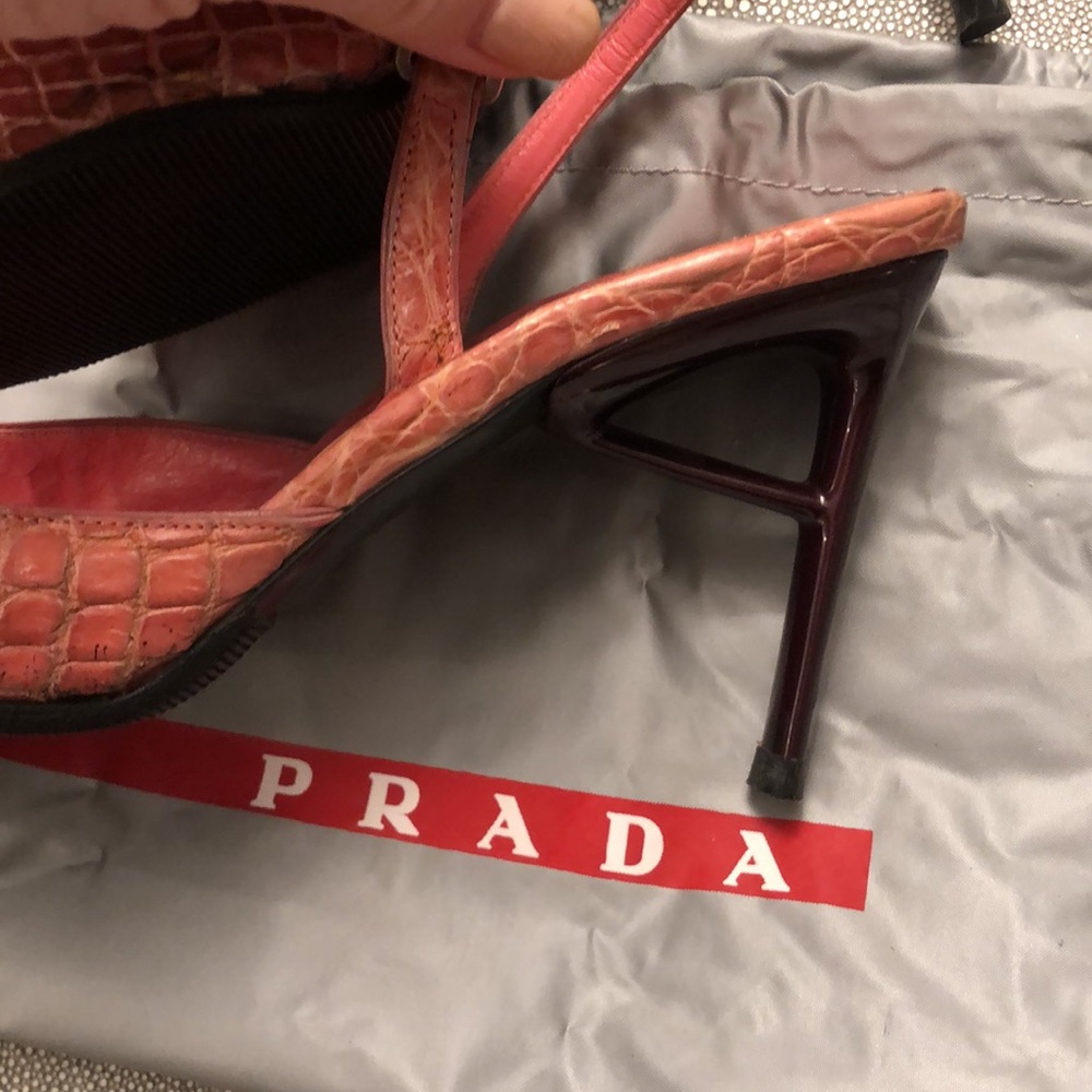 PRADA 35.5 GENUINE ALLIGATOR CROC  Pink Sandals 3” heel, bottom new, dust bag - Picture 5 of 12